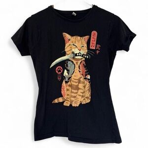 Women’s Small Samuri Cat with Katana Sword Graphic Tee Black T-Shirt